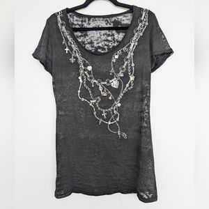 Y2K V Cristina Sheer Grunge Silver Charms Pendant Details Scoop Neck Top Sz L